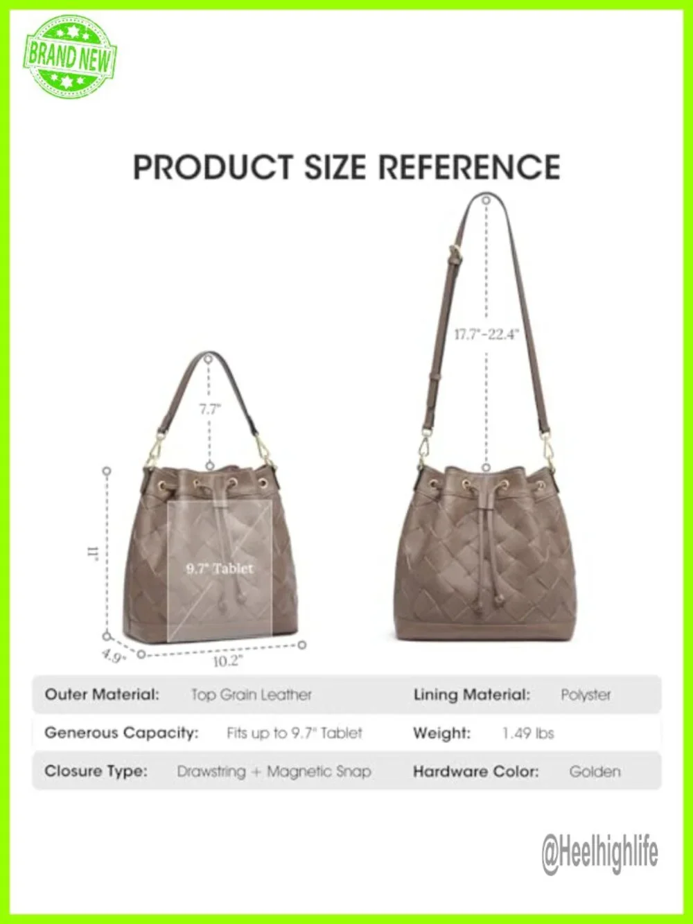 Woven Leather Bucket Bag Drawstring Crossbody Hobo with 2 Straps